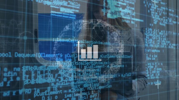 Animation of graph over computer language, human brain, caucasian businesswoman working on laptop