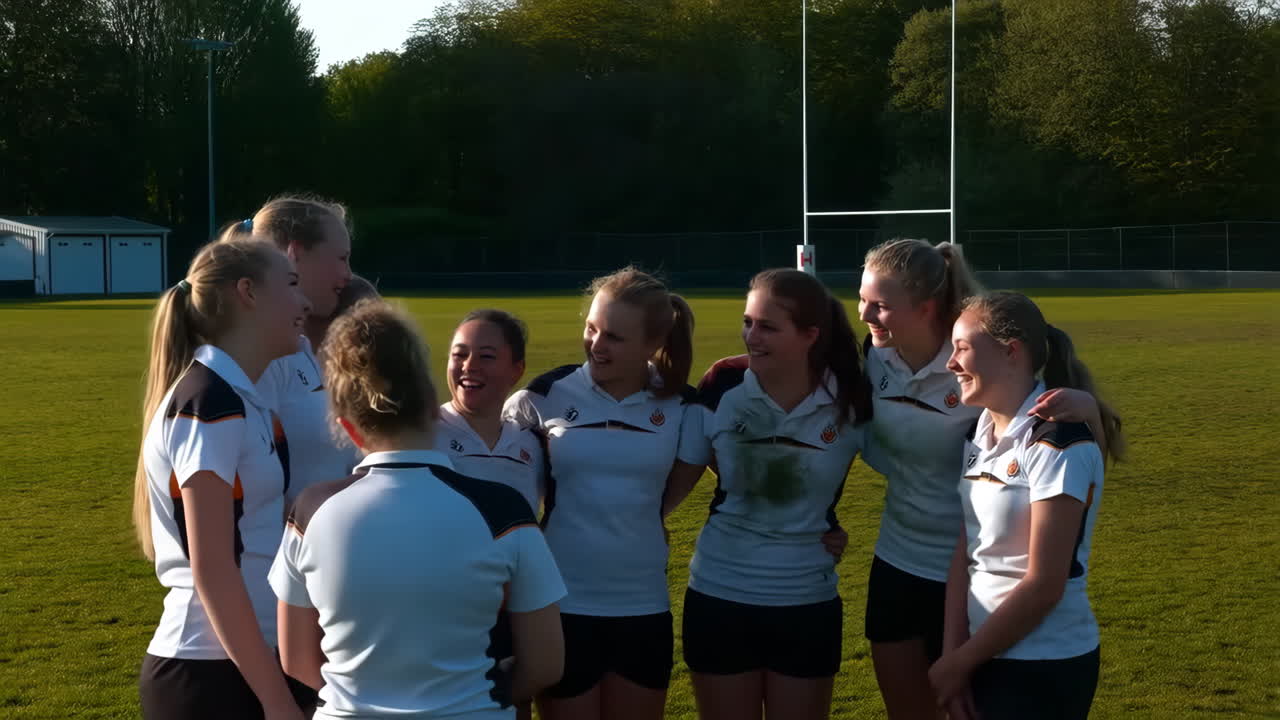 Women's Rugby Team Celebrating and Huddling on the Field