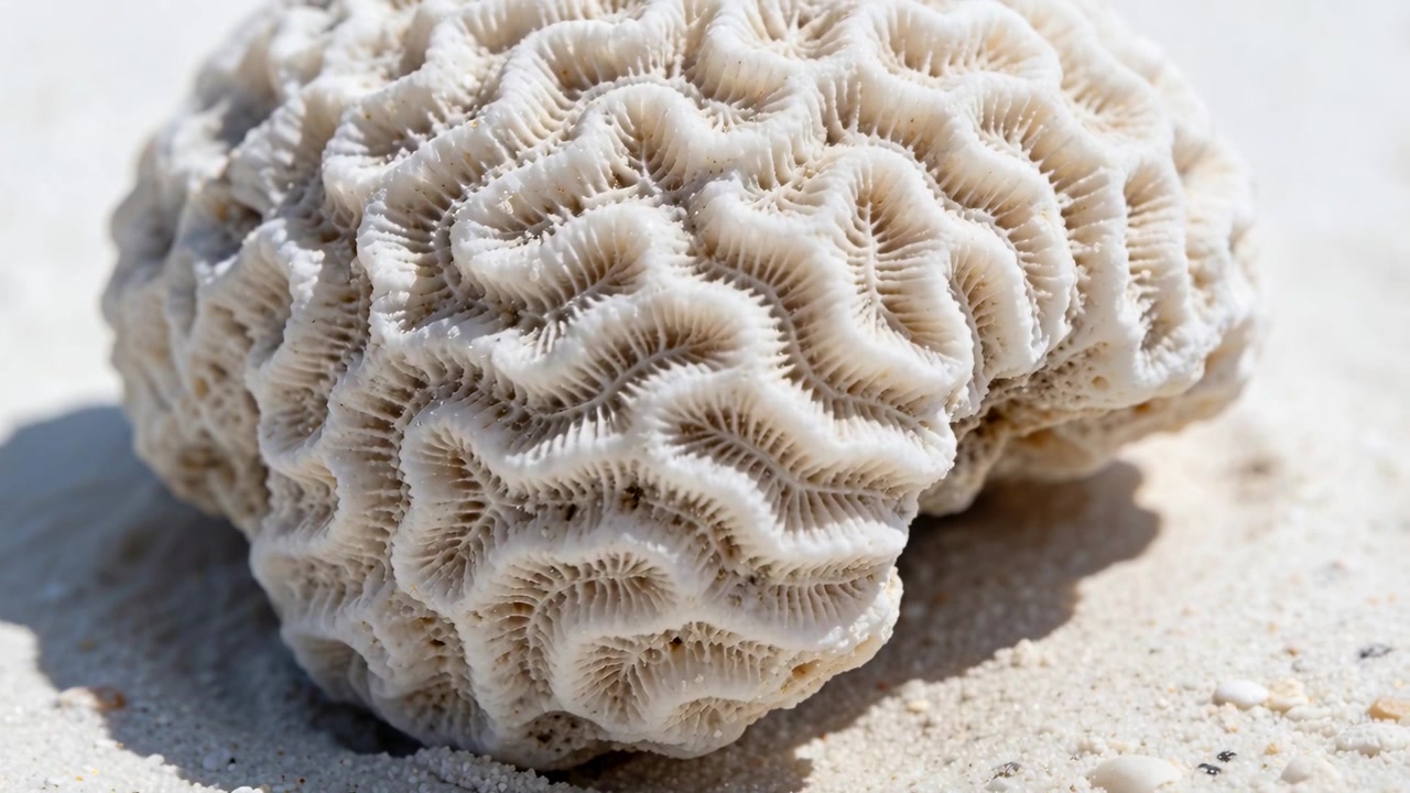 Wave depositing brain-patterned coral fragment on beach sand, sunlight drying porous skeleton