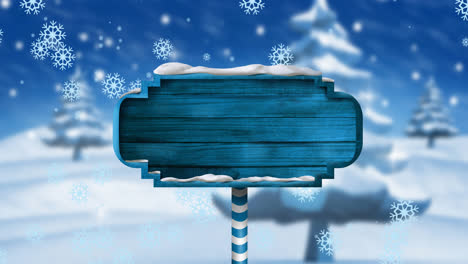 animation of falling snowflakes over blank wooden sign with copy space