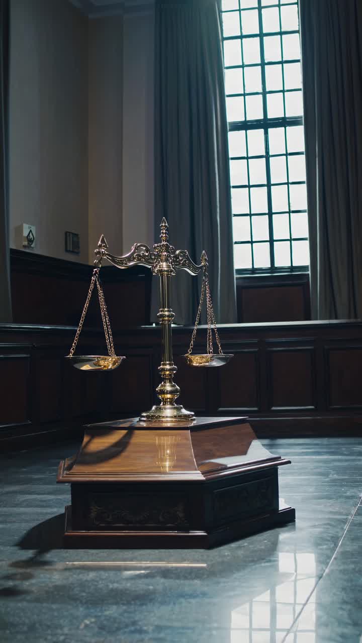 Low-angle video shot of a classic courtroom with a focus on a golden balance scale