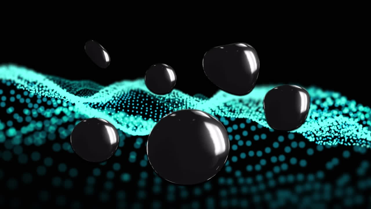 검은색 바탕에 빛나는 파란색 입자 풍경 위에 떠다니는 검은색 반 ⁇ 이는 모양의 애니메이션