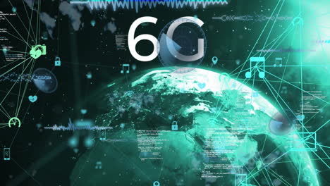 animation of digital data processing and network of connections over globe and 6g text