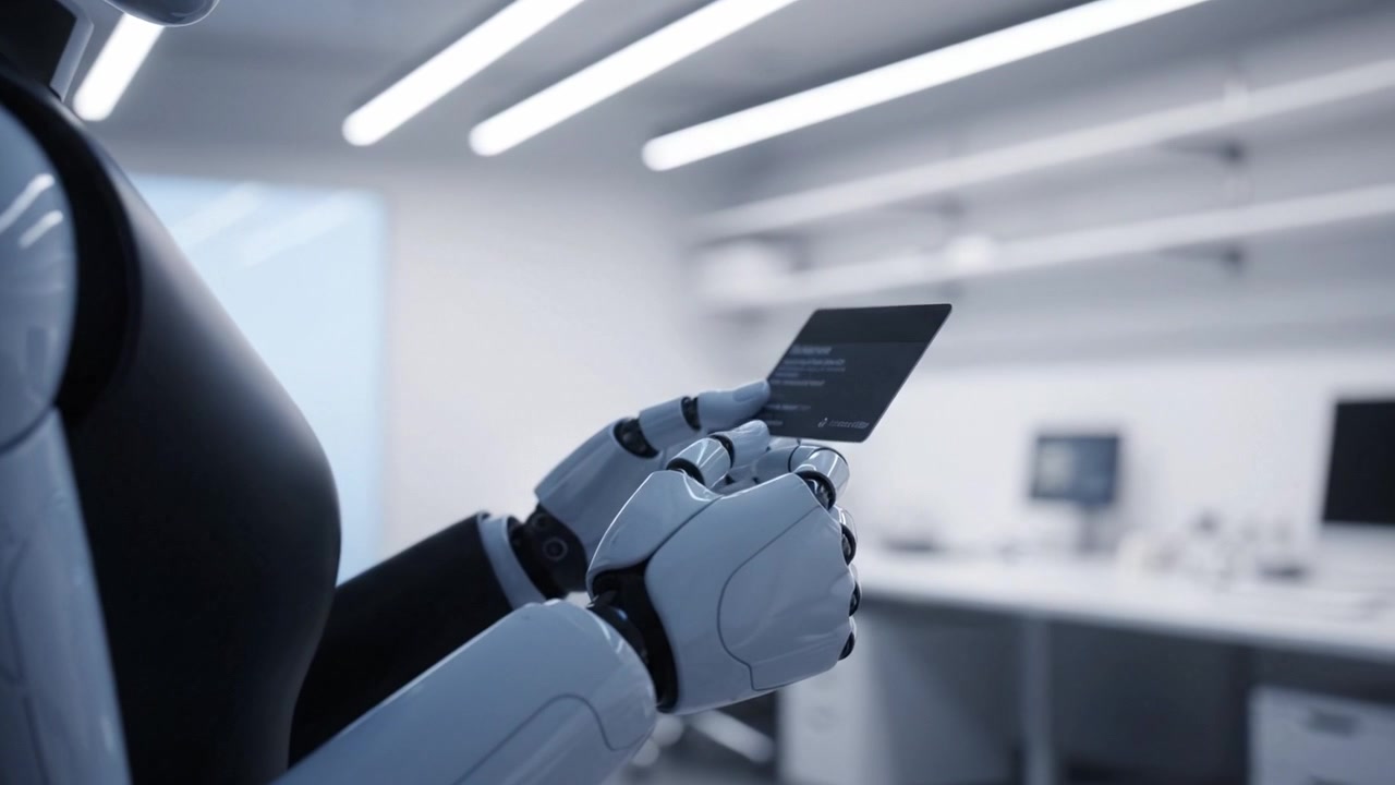 Un robot humanoide interactúa con una tarjeta en un espacio de trabajo moderno, mostrando tecnología avanzada e inteligencia artificial en un entorno futurista