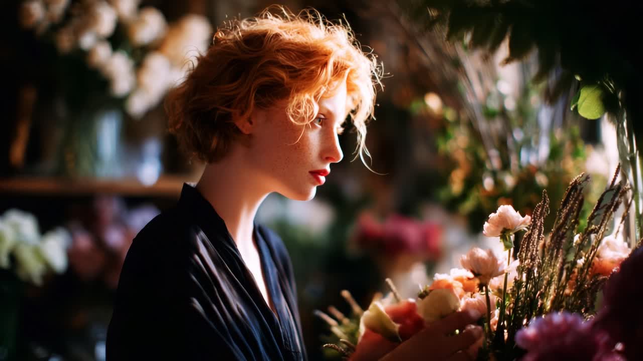 A Serene Moment: A Woman Engaged with Nature Amidst a Beautiful Floral Arrangement, Capturing the Essence of Delicate Beauty and the Tranquility of Blooming Flowers