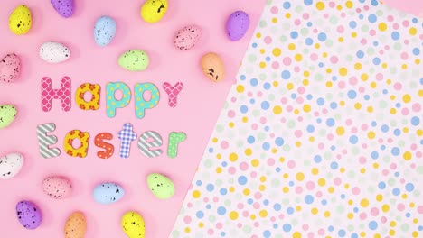 happy easter and eggs move on left side of pastel theme. stop motion