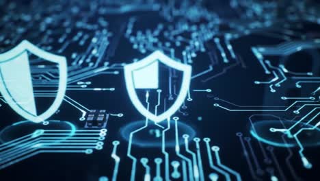 cybersecurity technology with circuit board and shield and lock