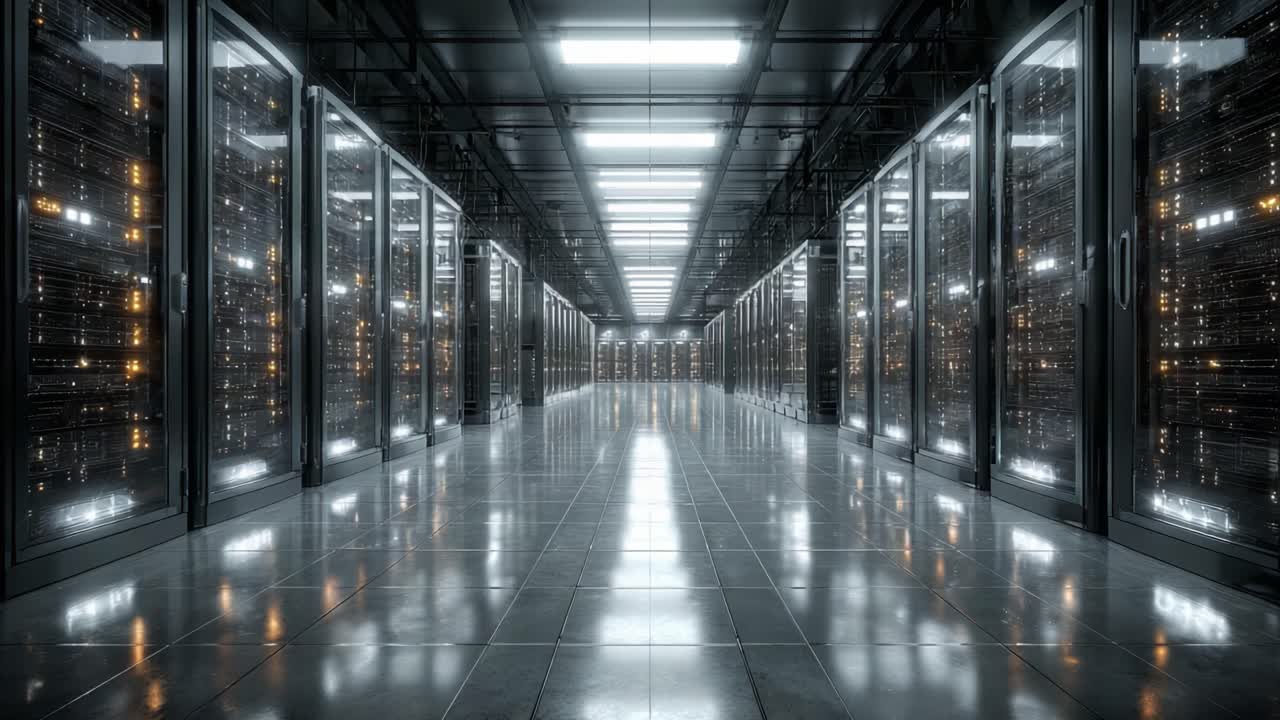 A Glimpse into the Heart of Data Storage: A Vast and Modern Server Room Filled with Glimmering Racks of High-Tech Servers and Advanced Network Technology