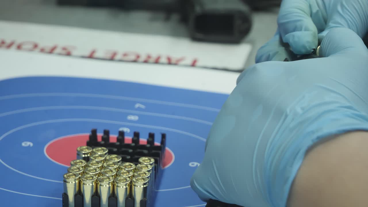 Hand feeding 9mm bullets into handgun magazine for shooting range weapon