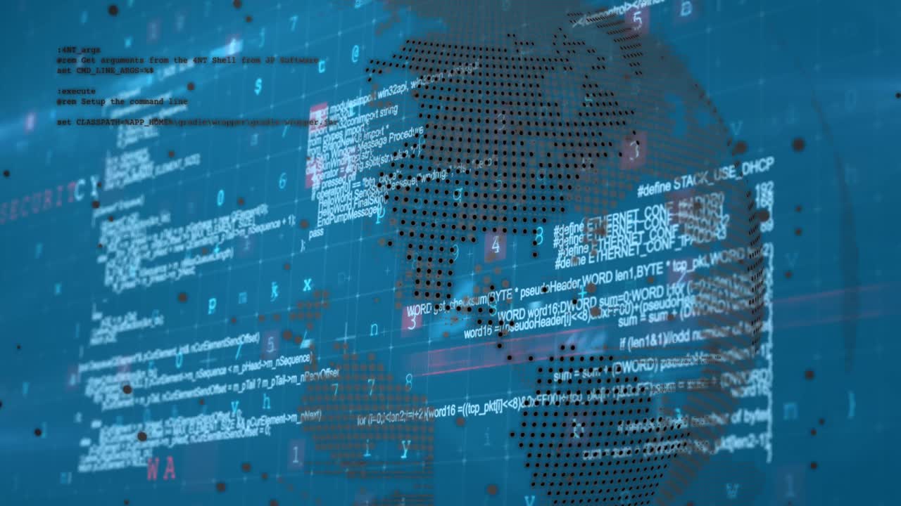 Cyber security data processing over spinning globe against blue background