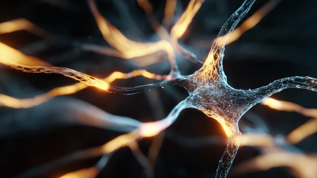 Artistic rendering of a neuron cell firing and sending electrical signals through its axon and dendrites in the brain's neural network, showing the complexity of the human nervous system