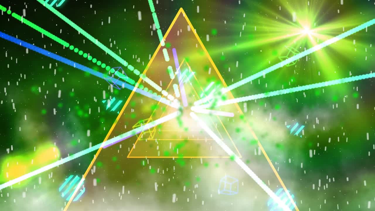 네온 삼각형 모양에 떨어지는 입자의 디지털 애니메이션 녹색 배경에 반 ⁇ 이는 터널