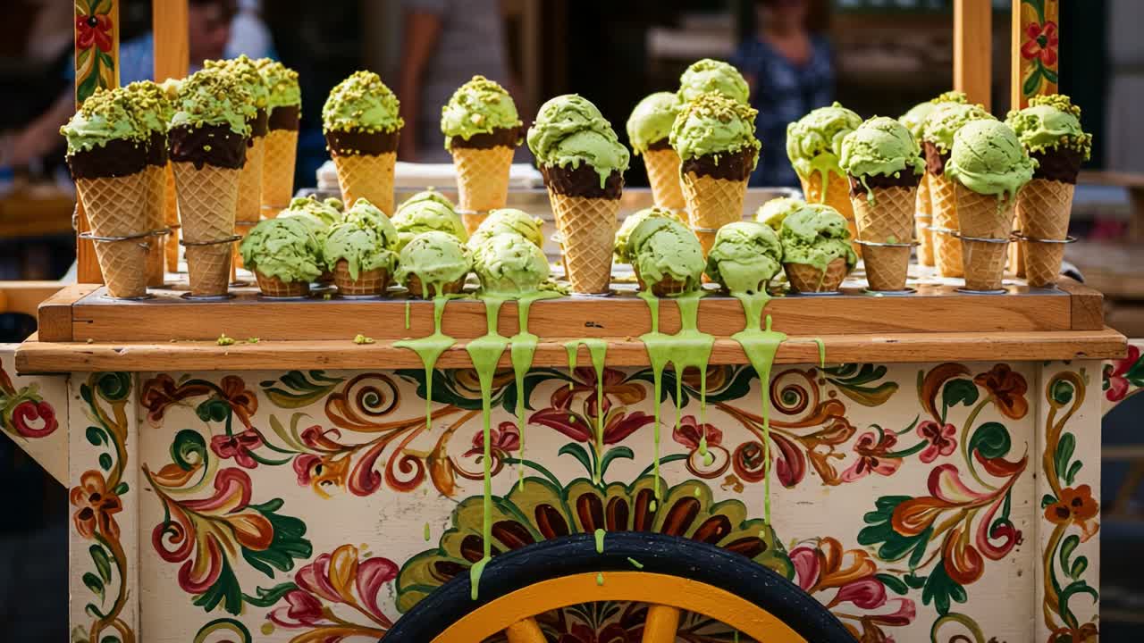 An Abundant Display of Vibrantly Colored Ice Cream Cones with Melting Toppings on a Decorative Cart, Showcasing the Delightful Treats Perfect for Warm Days