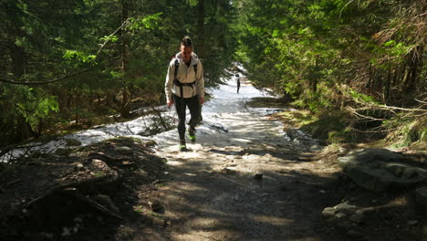 a woman walks on a narrow forest trail surrounded by trees and dappled mountain light, slowly hiking on muddy trail in shade