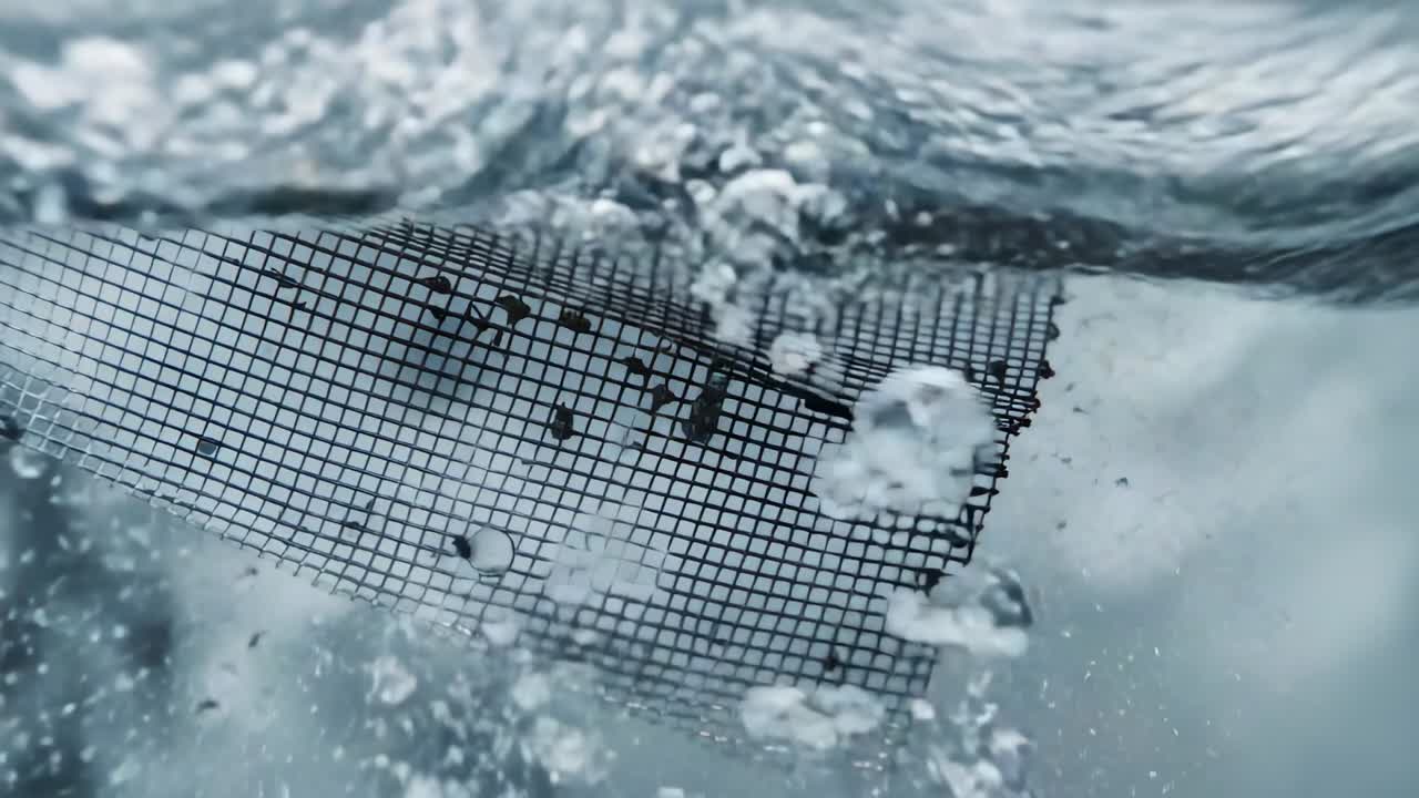 Een golfkam passeert erboven, duwt een gaasscherm dat onder water buigt, waarbij bellen en donkere deeltjes vrijkomen.