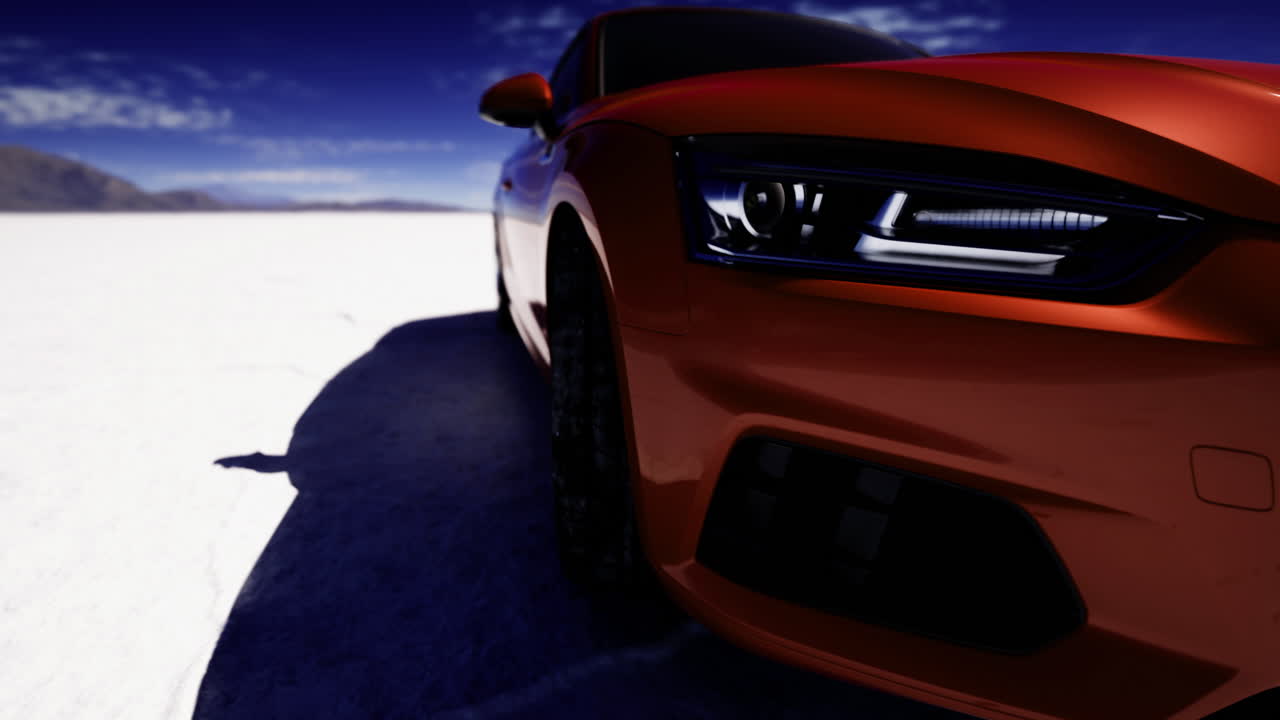 Bright orange sports car parked on vast salt flat under clear blue sky