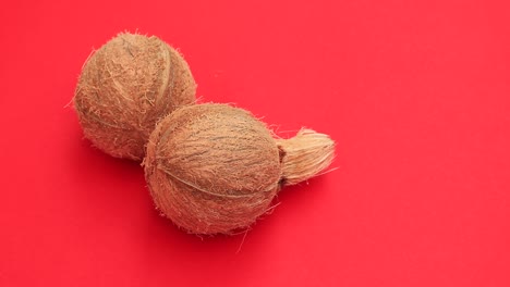 un coco entero sobre un fondo rojo