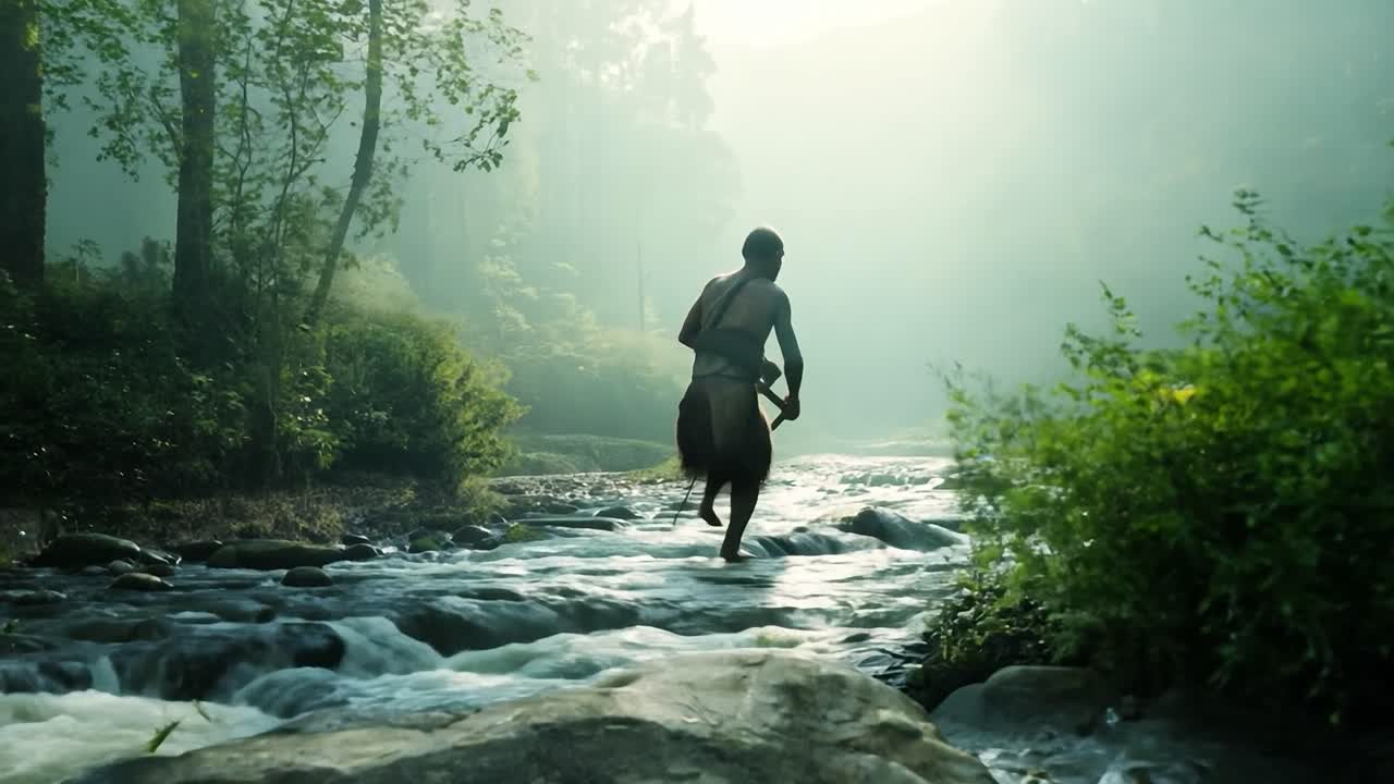 Man Walking Through a River in a Jungle
