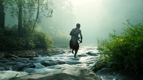 man walking through a river in a jungle