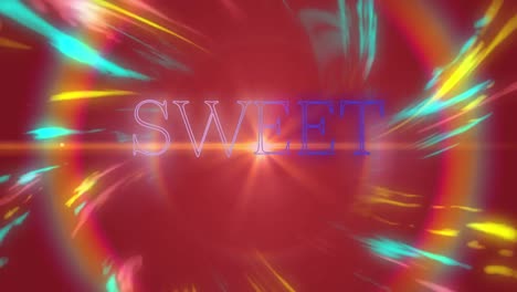 animation of sweet text in blue and white neon with swirling colours and rainbow ring, on red