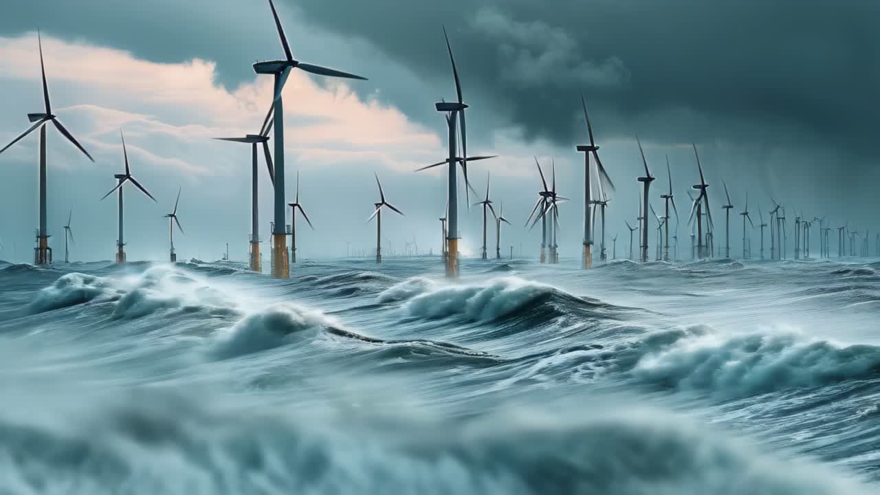 A large body of water with many wind turbines in the background, wind farm in ocean