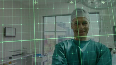 Animation-of-grid-network-over-caucasian-male-surgeon-with-arms-crossed-smiling-at-hospital