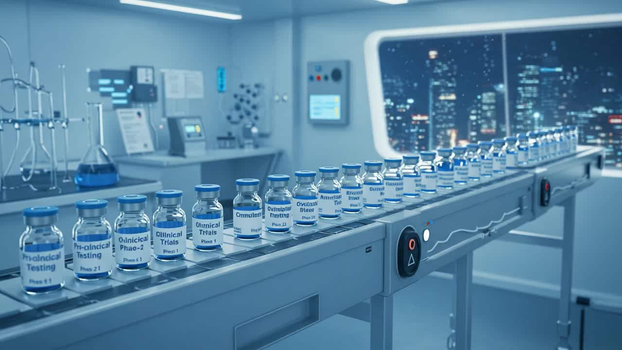 Production Line of Pharmaceutical Vials for Clinical Trials Featuring Various Stages of Testing in a High-Tech Laboratory Environment with Urban Cityscape View