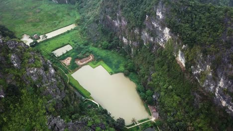 tam coc aerial footage of water covered rice fields