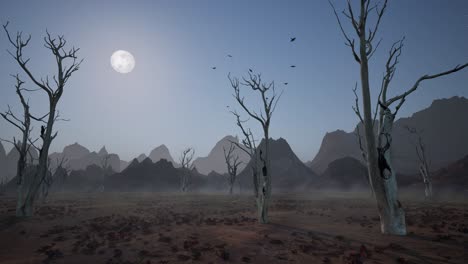 arid desert environment on night, with dead trees, mist, branches and leaves, birds flying above, 3d animation, animated scene, camera dolly up