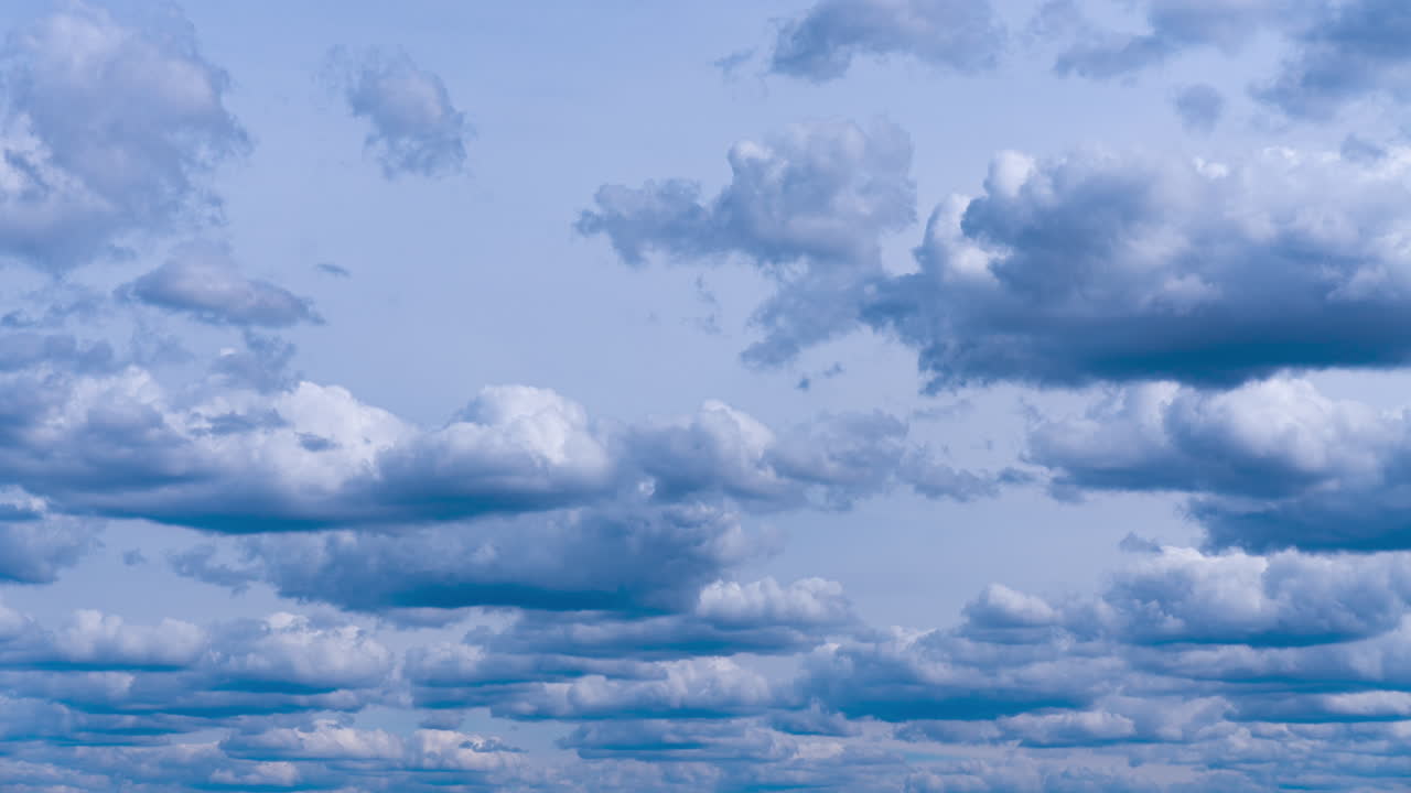Dull grey horizon with multiple cumulus clouds. Cloudscape formation before the rain. Timelapse. Low angle view.