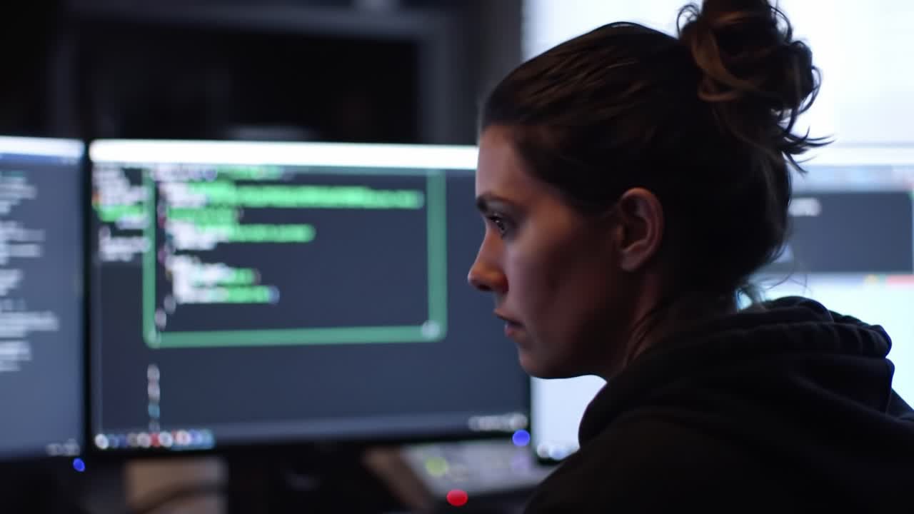 Focused Programmer Analyzing Code and Data on Multiple Screens in a Dimly Lit Workspace, Showcasing the Intensity of Software Development