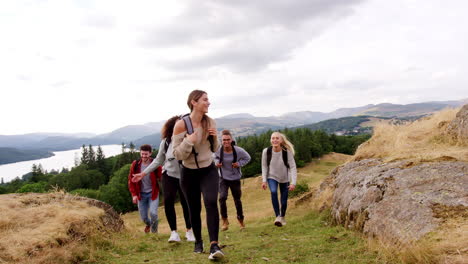 un grupo multiétnico de cinco amigos adultos jóvenes sonríen mientras caminan a través de un campo a la cumbre durante una caminata de montaña, de cerca