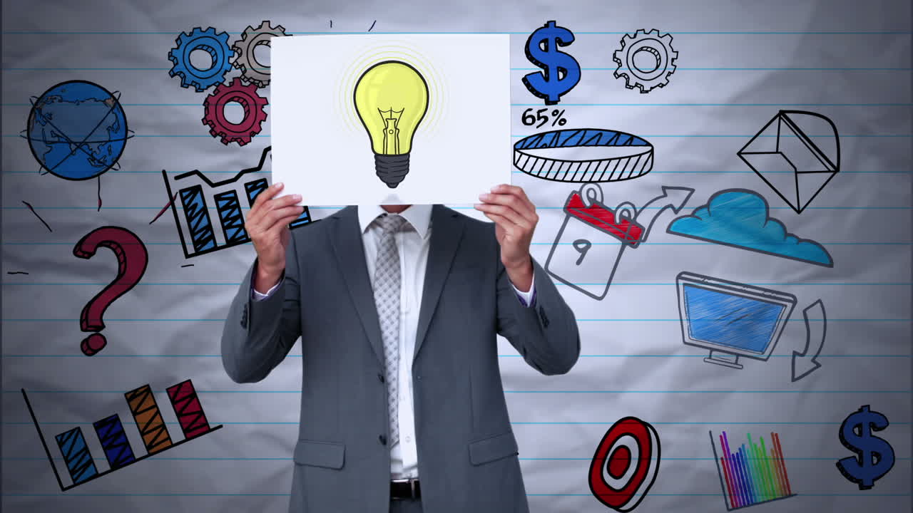 얼굴 위 에 전구 애니메이션 을 들고 있는 사업가