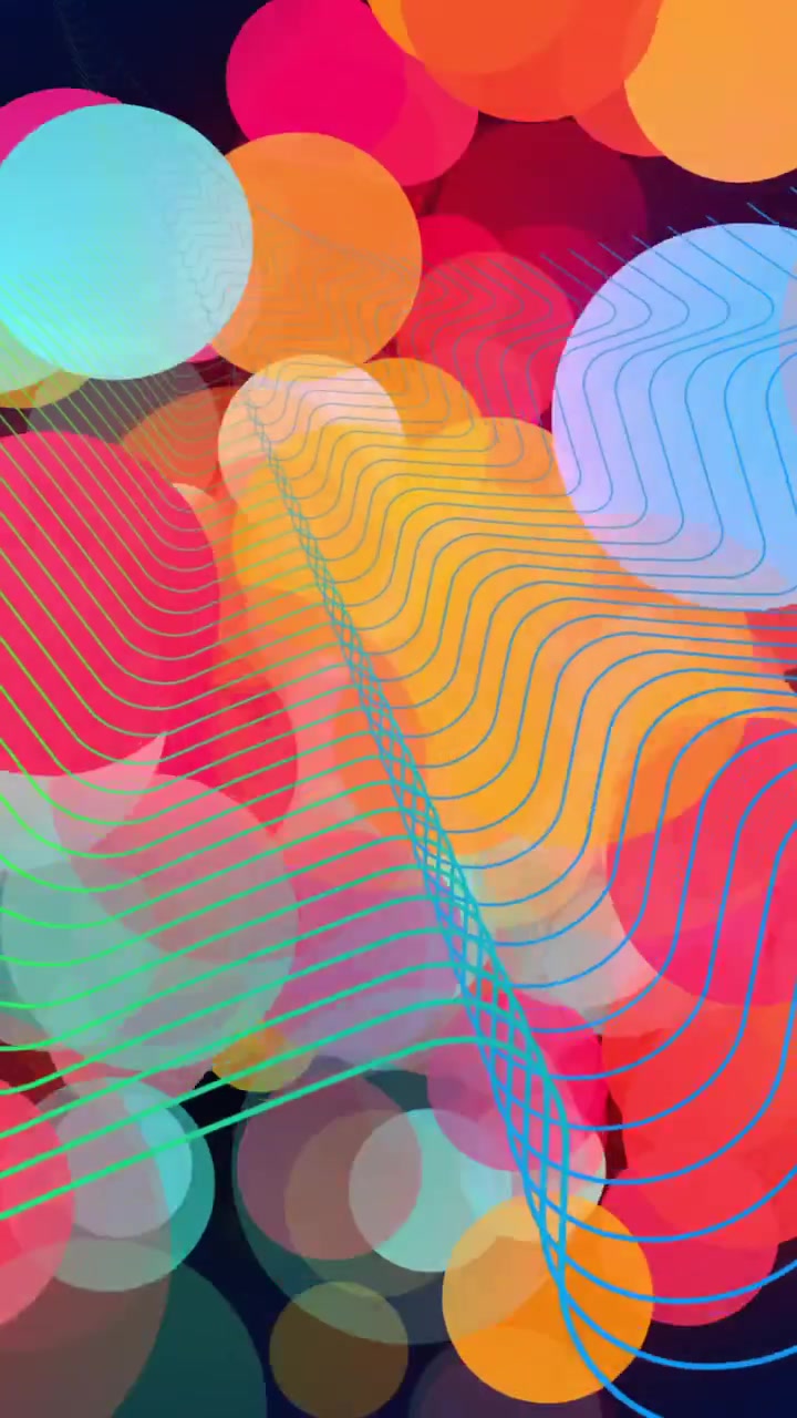 Forming abstract shapes, colorful circles and lines animate over dark blue background