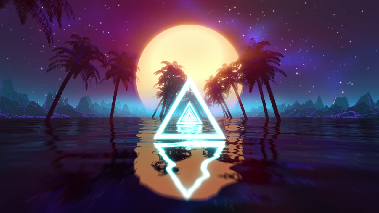 Paesaggio synthwave retro-futuristico in loop continuo. Animazione VJ stilizzata anni '80