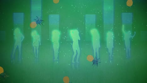 Animation-of-pineapples-falling-over-dancing-women-silhouettes-and-music-graphic-equalizer-on-green