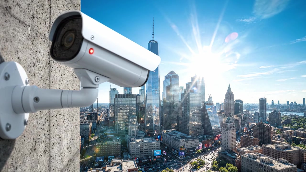Telecamera di sorveglianza che domina un paesaggio urbano: una prospettiva ad alta definizione che mostra la vita urbana e i sistemi di sicurezza nell'architettura moderna.