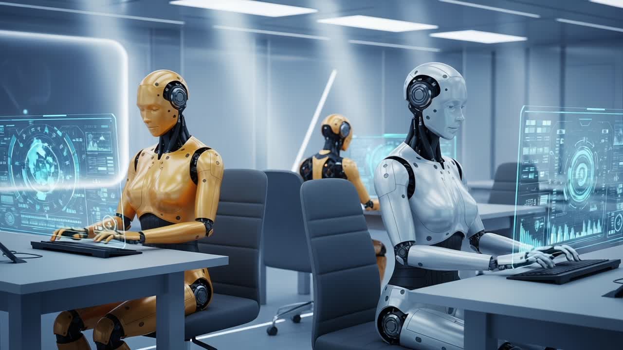 Two robotic figures, one orange and one white, focus intently on their futuristic workstations, engaged in advanced technology applications in a modern office environment