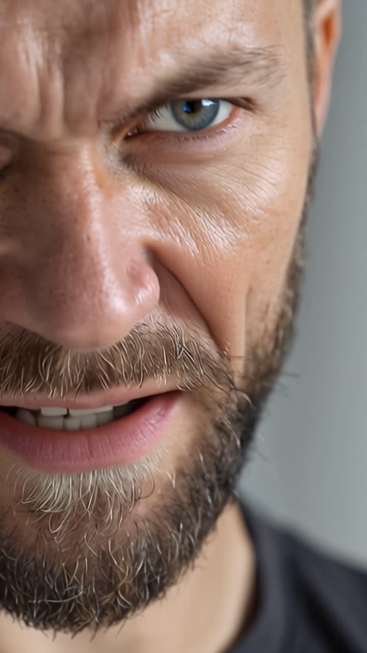 Intenzivní detail mužské tváře s výraznými emocemi a detailními rysy obličeje, zachycující emoce a hloubku z jedinečné perspektivy.