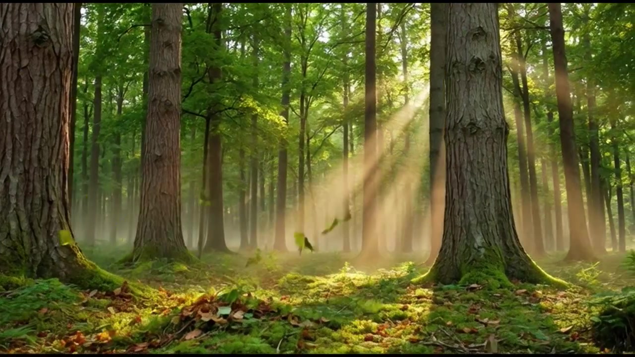 Luz solar penetrando pelas árvores em uma floresta nebulosa