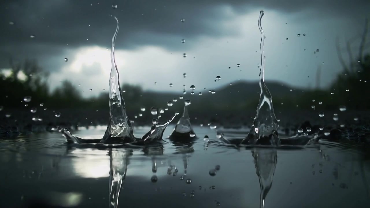 Eine sich kräuselnde Pfütze im stetigen Regen bildet Kronenspritzer und aufsteigende Wasserstrahlen unter stürmischen Hügeln.