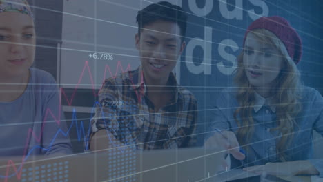 financial data and stock market animation over diverse people working on laptops