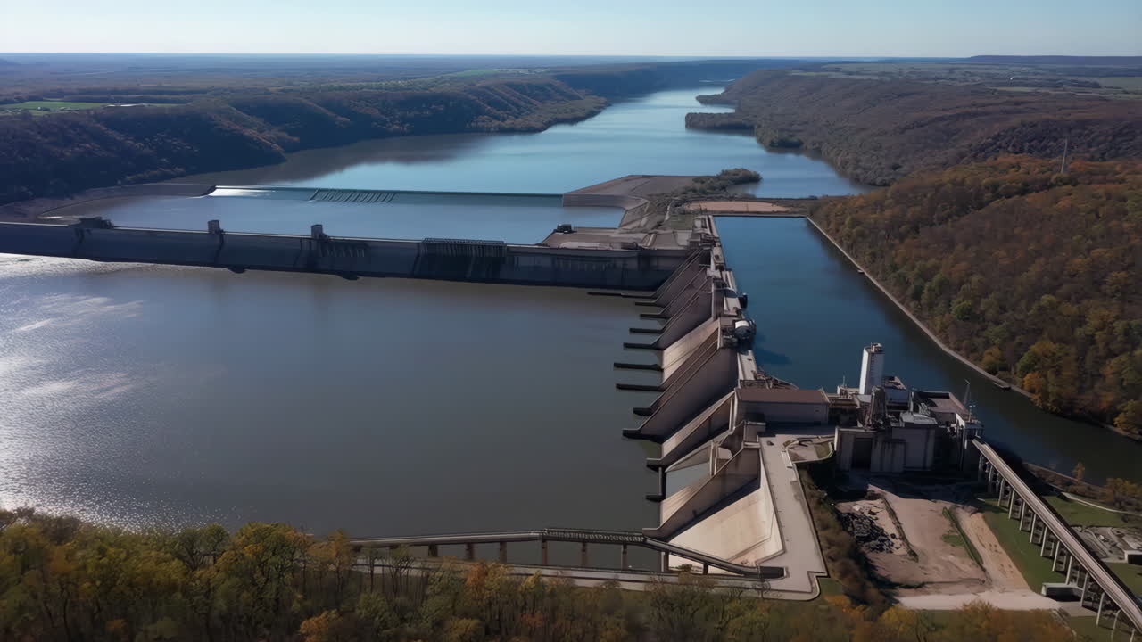 Вид с воздуха на крупную гидроэлектрическую плотину и водохранилище