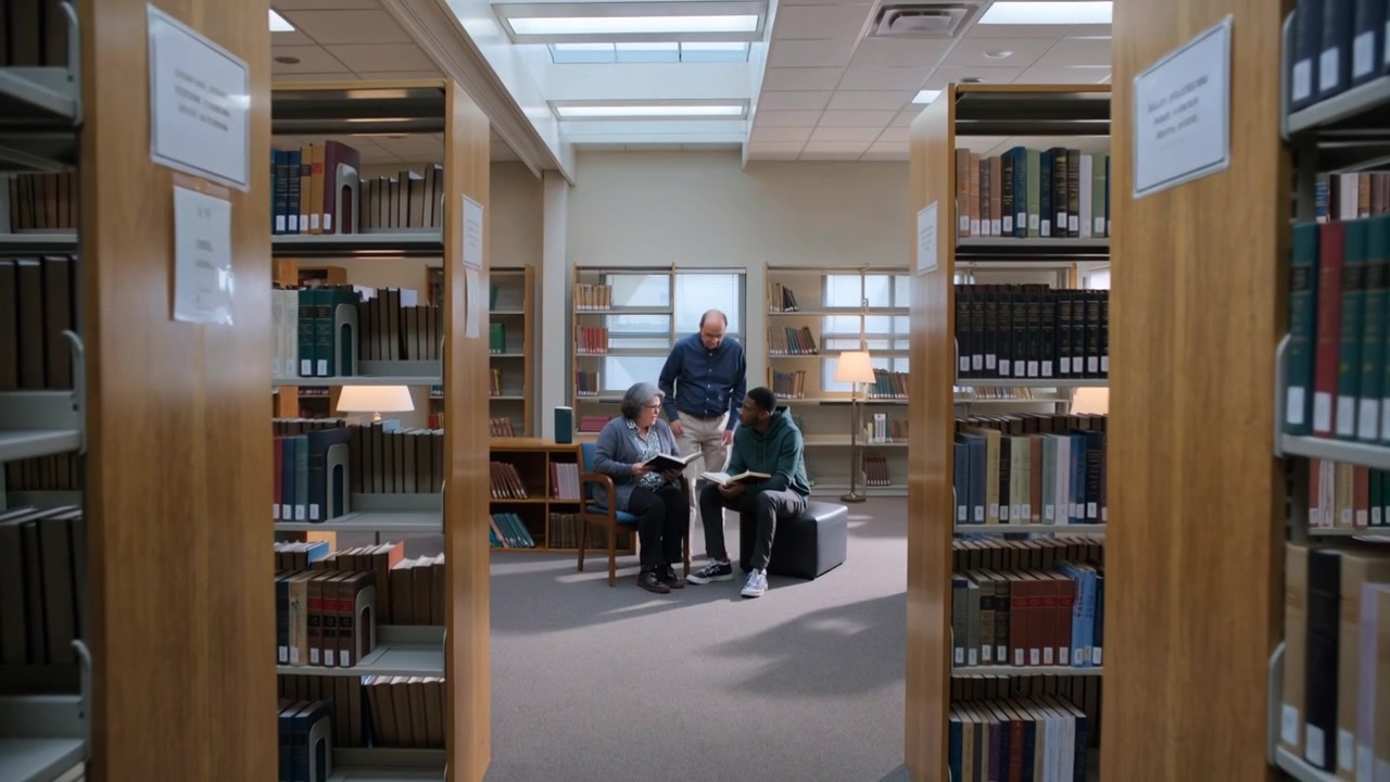 Walking from left senior male leaning, pointing at open books in library reading area, guiding pair