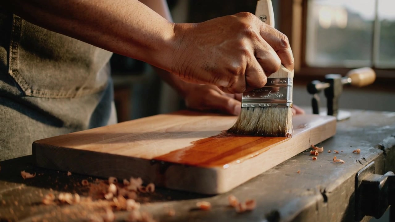 Lowering brush, hands applying amber finish along grain to board at bench, in apron, adding sheen