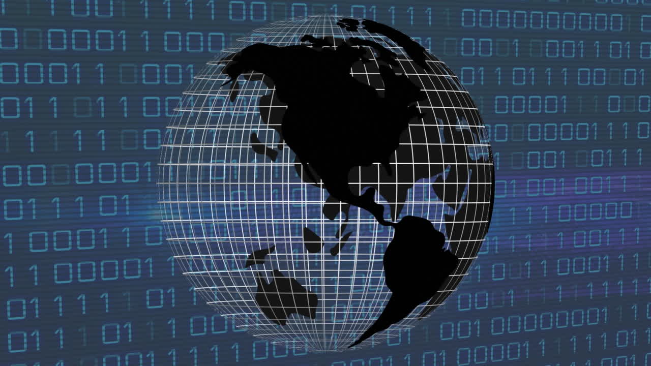 Animation of globe over data processing on black background