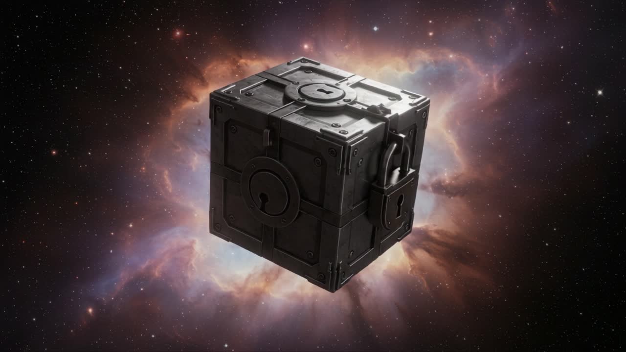 A Mysterious Black Cube Hovers in Space, Enveloped by a Vivid Cosmic Background, Suggesting Intrigue and Uncharted Possibilities Beyond Our Universe