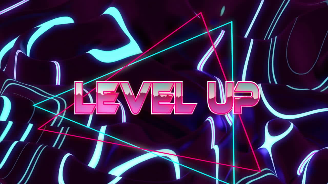 LEVEL UP text glowing at center, featuring fluid neon cyan and magenta shapes swirling
