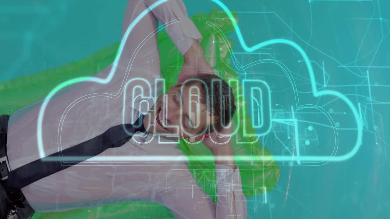 Relaxing, businessperson using cloud computing and digital network in office setting