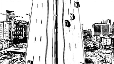 black and white animation shows highway into the city